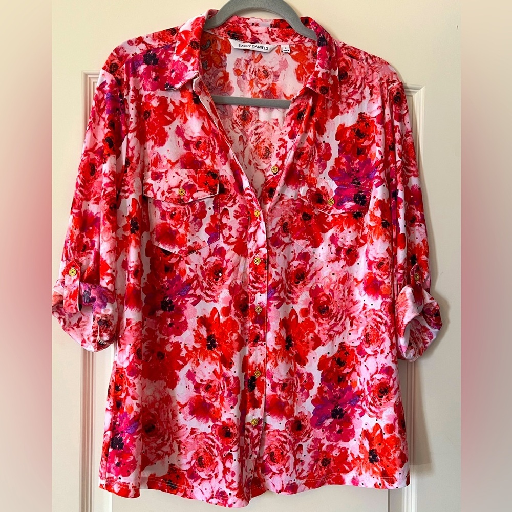 Floral Button Down Shirt - Red and Pink